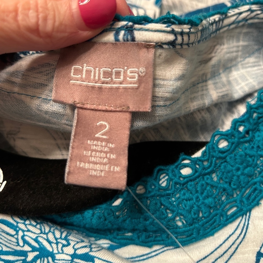 Chico's Size 2 Exploded Garden Lace-Trim Dolman Top in
Cozumel Blue, NWT - Picture 10 of 12